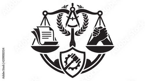 Vintage law emblem with scales of justice, legal contract document and handshake, heraldic shield with gavel and gear vector icon