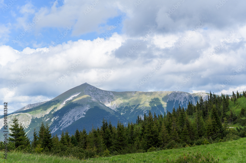 Obraz premium This stunning image showcases Rax Mountain in Austria with vibrant greens and rich textures under a dramatic sky filled with clouds; the foreground presents dense forests that contrast against