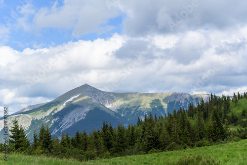 This stunning image showcases Rax Mountain in Austria with vibrant greens and rich textures under a dramatic sky filled with clouds; the foreground presents dense forests that contrast against