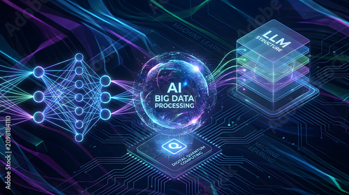 AI big data data processing artificial intelligence machine learning neural network futuristic technology background with glowing digital circuit, data flow, neural network icon, and AI big data