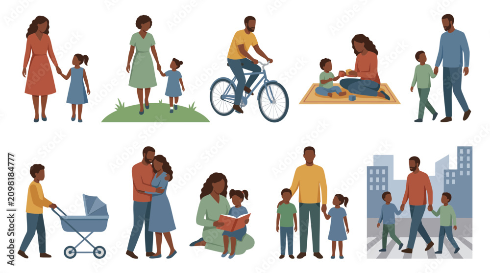 Fototapeta premium Diverse Black family members engaging in various daily activities like walking, cycling, reading and playing together, representing healthy lifestyle and provides parenting content