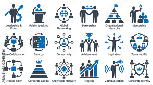 Professional blue and grey flat business management icons and leadership symbol set on white background, representing corporate workflow optimization and symbolizing team organization strategies