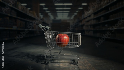 A single red apple sits alone in a giant empty shopping cart in a warehouse
