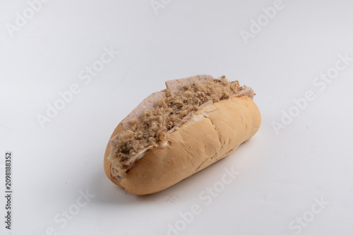 Fényképezés Baguette sandwich topped with savory pork floss isolated