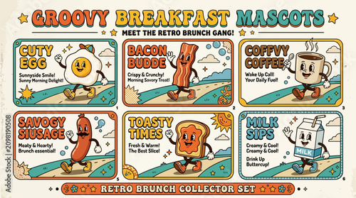 Vintage Cartoon Breakfast Food Characters Set with Retro Groovy Aesthetic Illustration Design