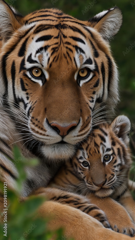Obraz premium Female tiger and cub portrait. Mother animal embracing little baby in nature. Wild feline family bonding for International Tiger Day. Wildlife conservation and protection of species.