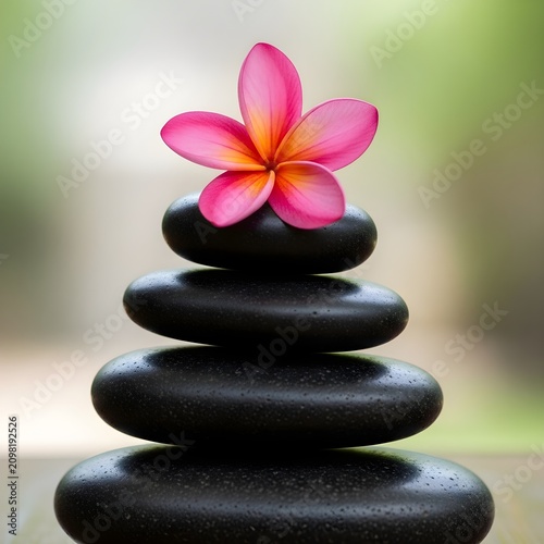 A pink plumeria flower delicately placed on top of four stacked black volcanic stones with a blurred green background.