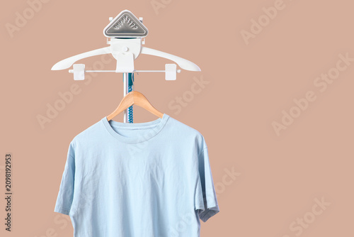 Light blue t-shirt on a woo...