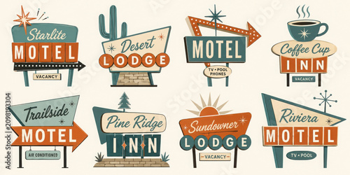 Retro breakfast motel signs sticker set with vintage roadside motel signboards, breakfast arrows, coffee lodge labels and motel direction signs. Vector illustration in mid century 1950s style