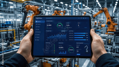 Engineer using tablet dashboard in smart factory with robotic automation system for industrial production monitoring, manufacturing analytics, and operational data management.