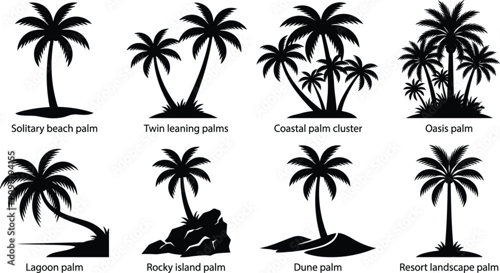 Fototapeta premium Black Silhouette Tropical Palm Tree Collection Featuring Beach Palms Island Clusters Coastal and Oasis Landscape Elements