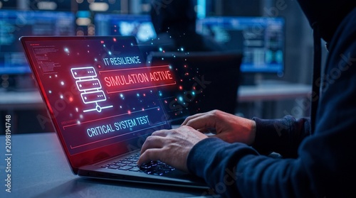 IT administrator executing critical disaster recovery simulation test on glowing laptop interface