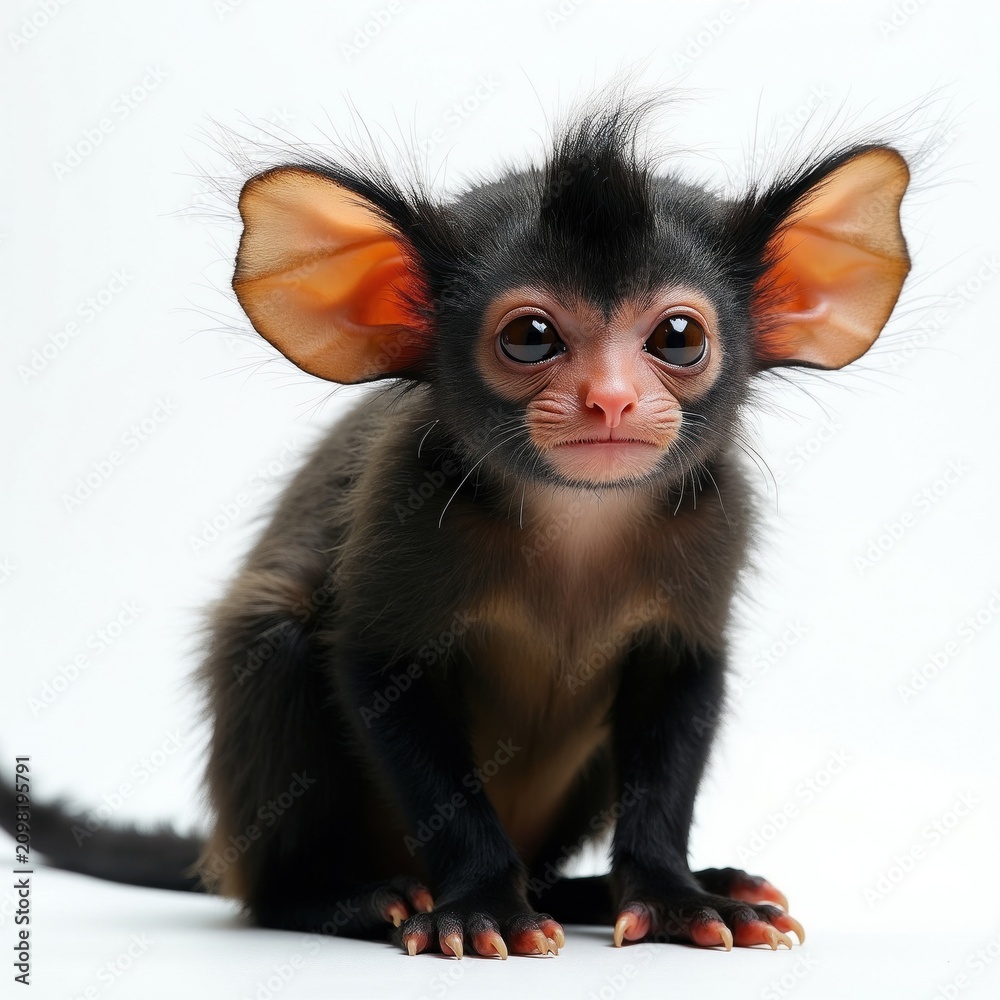 Naklejka premium Small aye-aye primate with big ears and spiky hair sits on white background. Cute weird animal, madagascar wildlife, nocturnal forest creature.