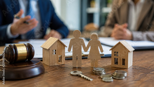 A legal professional meeting with a couple regarding a property division, illustrated with two small house models, a paper couple figure, a key, and coins on a wooden desk.