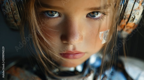 Girl with blue eyes wearing mechanical cybernetic headgear.