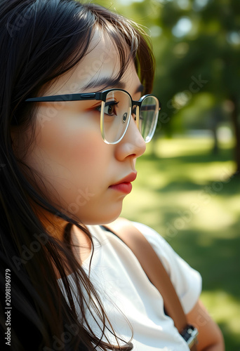 Young asian woman wearing eyeglasses looking away thoughtfully in a bright outdoor park setting, the outdoor setting features a blurred green park background with trees and foliage