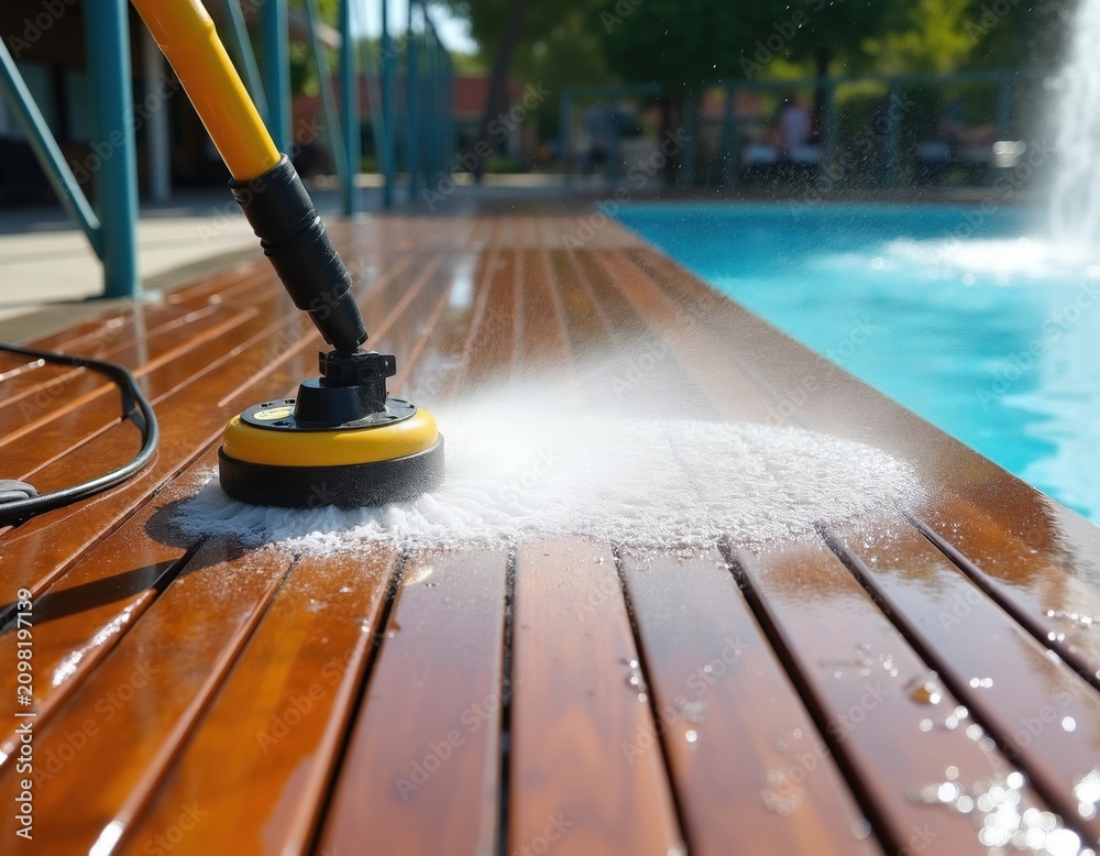 Obraz premium Worker uses high pressure washer to clean brown wooden pool deck outdoors. Powerful water jet removes dirt from terrace planks near swimming water. Pro equipment sprays liquid on floor surface for