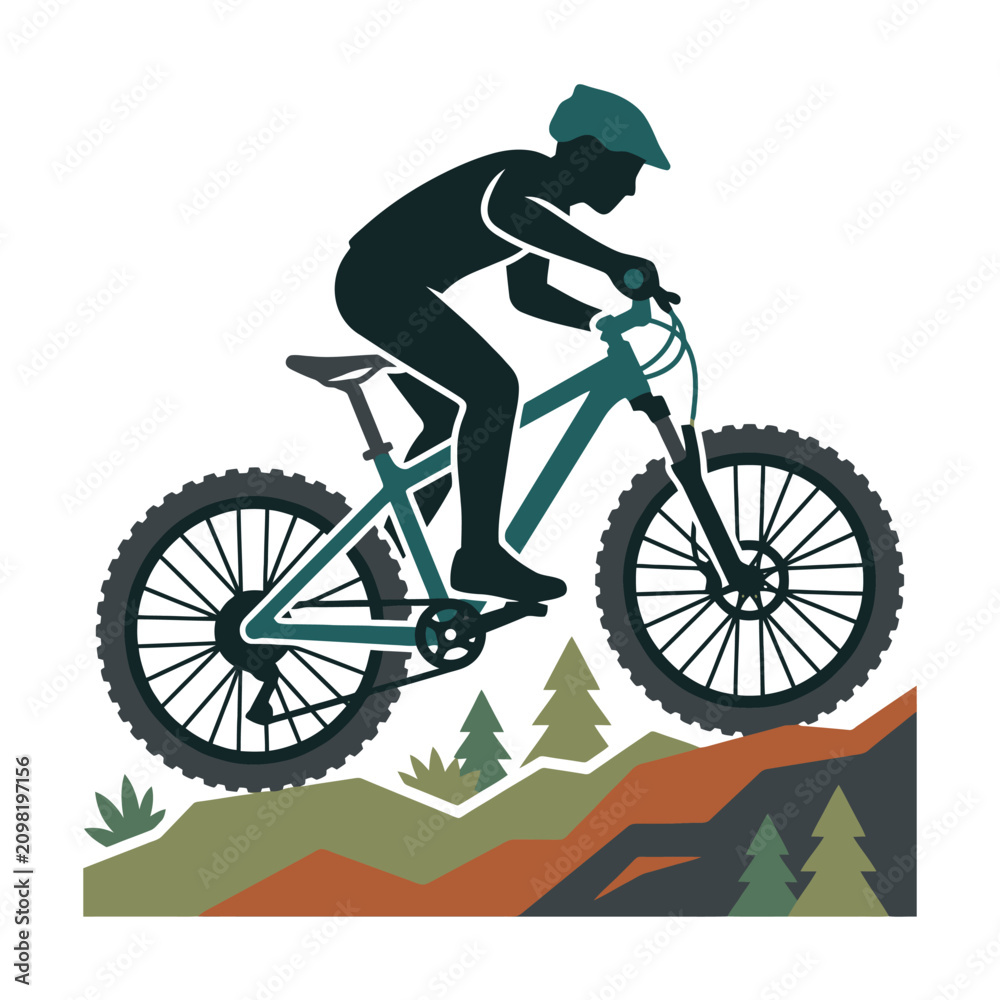 Fototapeta premium Mountain Biker Descending Rugged Terrain Silhouette.