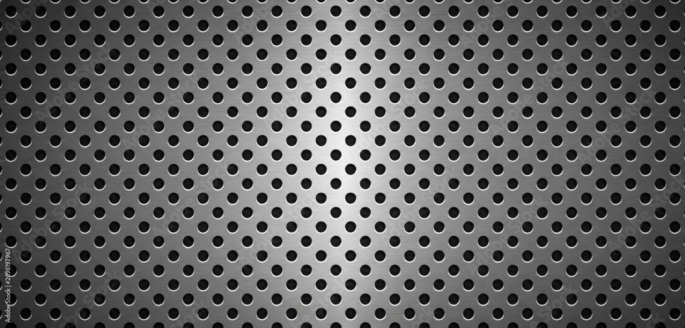 Metal pattern perforated texture with black and white hex background. Wall hole frame with mesh dot board and grey pegboard grate. Comb sheet metal with peg iron perforated and honey net black.