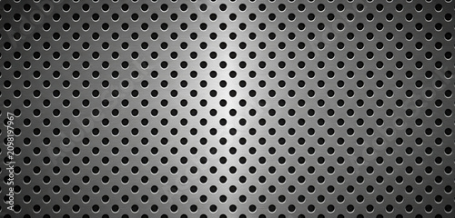 Metal pattern perforated texture with black and white hex background. Wall hole frame with mesh dot board and grey pegboard grate. Comb sheet metal with peg iron perforated and honey net black.