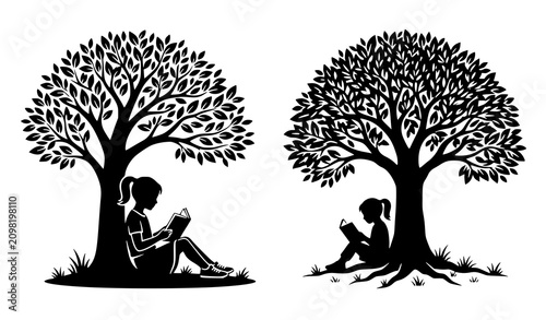 Foto Girl Reading Under Tree Black Silhouette Vector Set