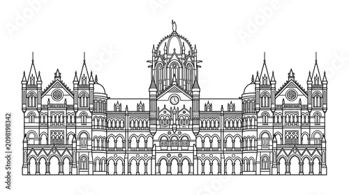 Line art illustration of the historic Chhatrapati Shivaji Maharaj Terminus railway station.