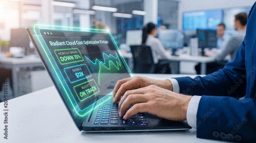 Fototapeta premium Businessperson interacting with holographic finops cloud cost dashboard on laptop
