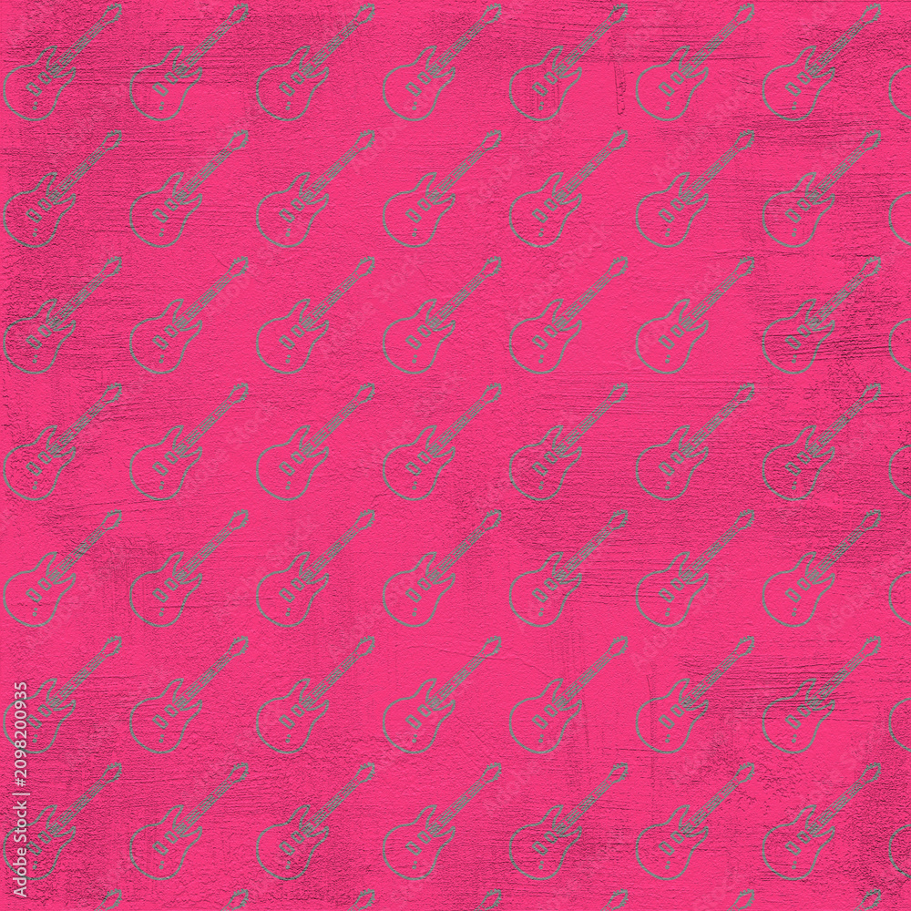 Fototapeta premium Bright seamless electric guitar pattern on a vibrant pink textured background. Perfect for music-themed fabric, wallpaper, wrapping paper, stationery, apparel, and decor.