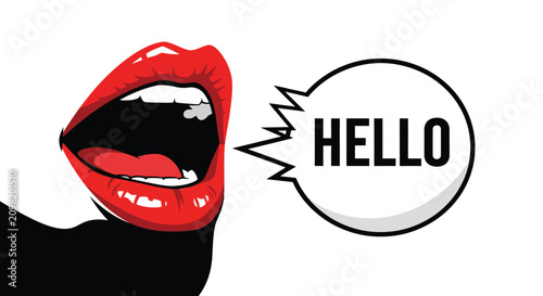 Fotografi Expressive Mouth with Red Lipstick and Speech Bubble Saying Hello