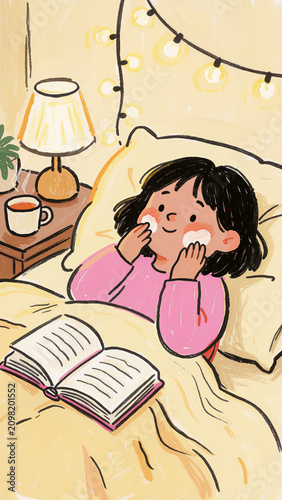 Naive Childlike Illustration of Evening Self-Care Skincare on Cozy Bed