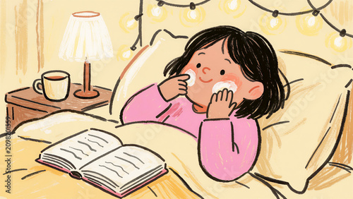 Naive Childlike Illustration of Evening Self-Care Skincare on Cozy Bed