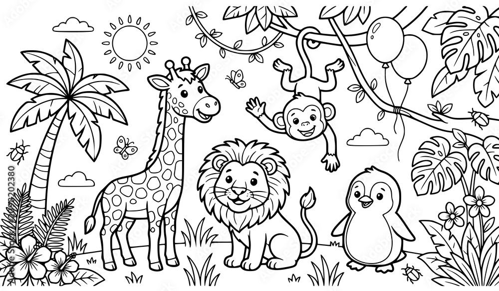 Fototapeta premium Cute Jungle Animal Outline Vector for Kids Coloring Book