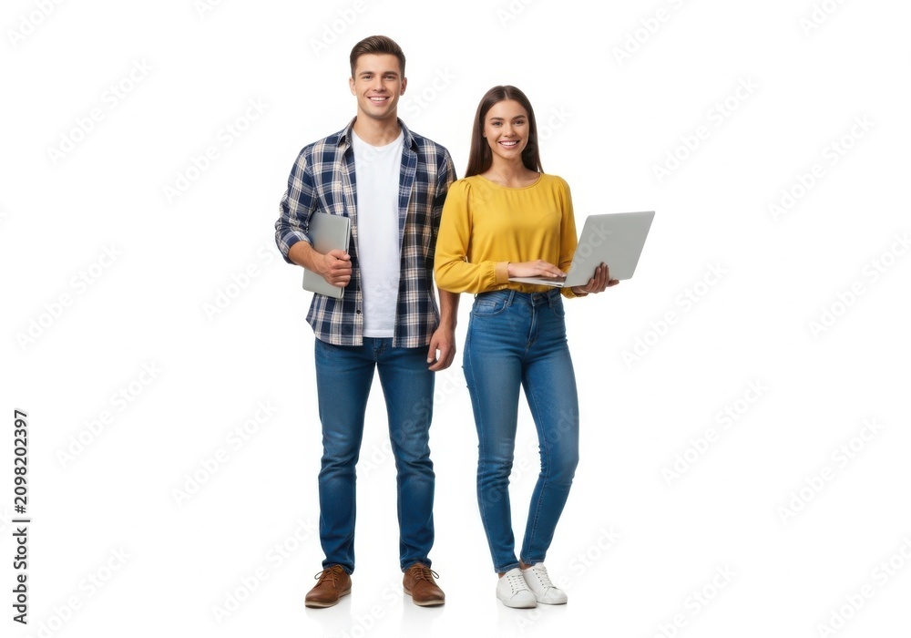 Fototapeta premium Young man and woman standing with laptops isolated on white background