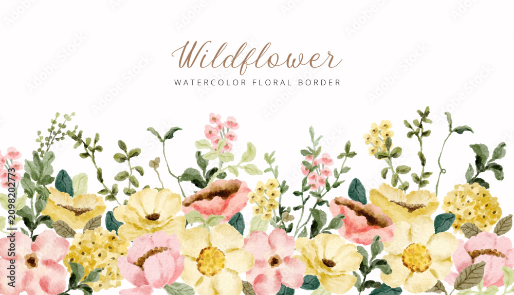 Obraz premium yellow pink watercolor floral border