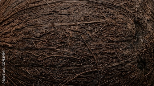 Close-up of textured dark brown coconut shell surface with natural fibers.