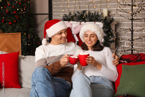 Happy young couple drinking hot cocoa with marshmallows at home on Christmas eve