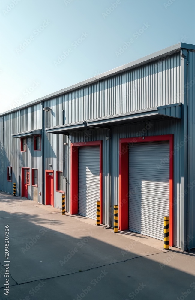 Fototapeta premium Industrial warehouse building features grey metal corrugated walls with red framed rolling shutter garage doors. Concrete exterior driveway area shows yellow bollards for safety. Modern storage