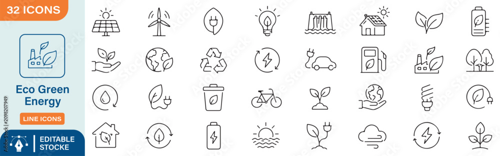 Εκτύπωση καμβά 32 Eco Green Energy Vector Outline Icons Set – Renewable Energy, Sustainable Env