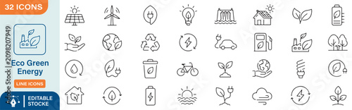 Canvas-taulu 32 Eco Green Energy Vector Outline Icons Set – Renewable Energy, Sustainable Env