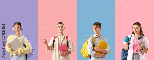 Diverse group of happy students with backpacks and school supplies, education...