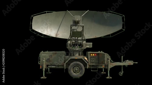 A detailed 3D animated mobile military radar dish on a trailer chassis rotates to scan the skies. This air defense surveillance asset is isolated on a solid black background.