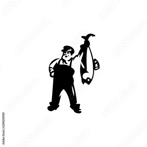 Foto A bold, high-contrast graphic icon featuring a silhouette of a fisherman proudly holding up a large catch