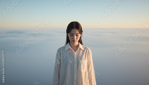 Obraz na płótnie 早朝の雲海を一人で歩く30代の外国人女性の写真