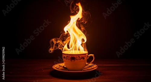 Intense orange flames bursting from a vintage teacup on a dark wooden table with cinematic glowing heat