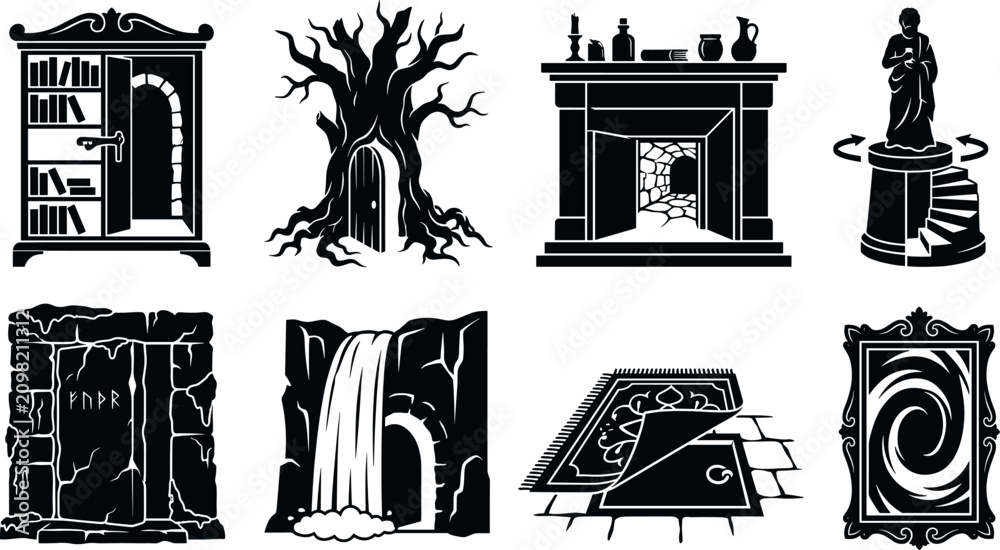 Fototapeta premium Fantasy escape room secret passage silhouettes set mystery hidden doors and magical portals icons for adventure gaming assets isolated on white background