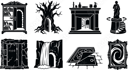 Schilderij op canvas Fantasy escape room secret passage silhouettes set mystery hidden doors and magi