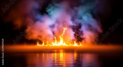 Vibrant Flames Erupting Above Dark Still Water Creating Ethereal Smoke and Colorful Illumination