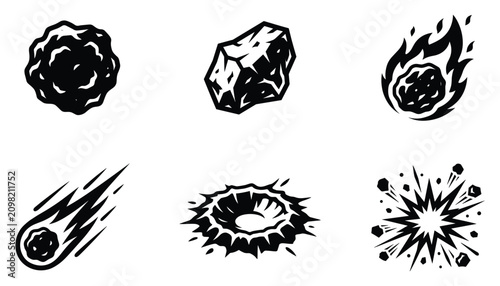 Space rock and asteroid icons set with impact crater and falling meteorites vector illustration.