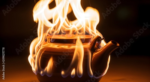 Burning ceramic teapot engulfed in bright orange flames with glowing energy effects and fire damage on dark background