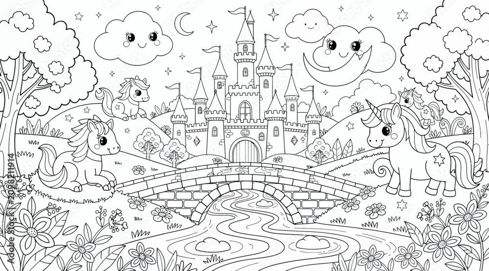 Obraz premium Unicorn Castle Kingdom Coloring Page for Kids: Fairytale Fantasy Scene